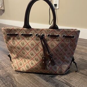 Dooney & Bourke Brown and Red Tote Bag with Monogram Print
